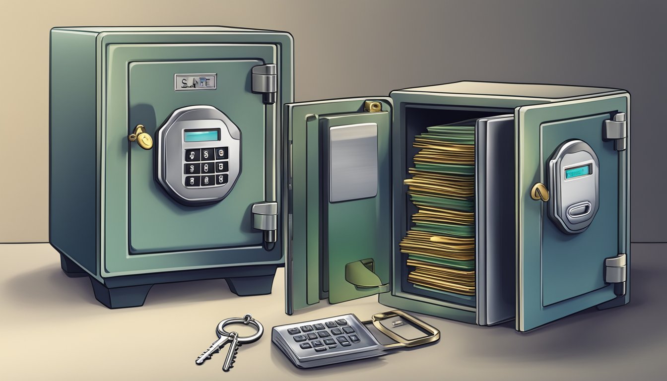A locked safe (custodial) vs. an open wallet (non-custodial) side by side, with a key and a digital code symbolizing security and privacy