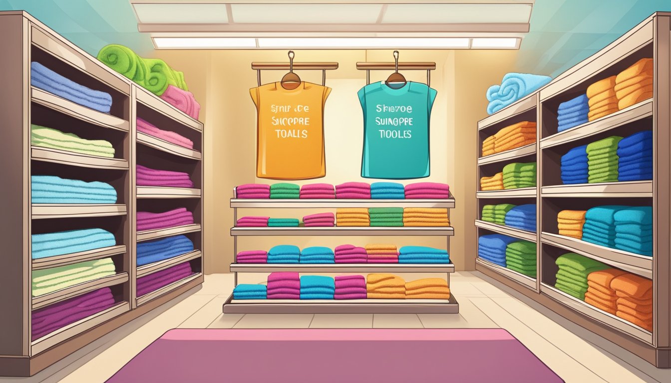 A brightly lit store display showcases colorful towels in various sizes and designs, neatly stacked on shelves. A sign above indicates the location in Singapore