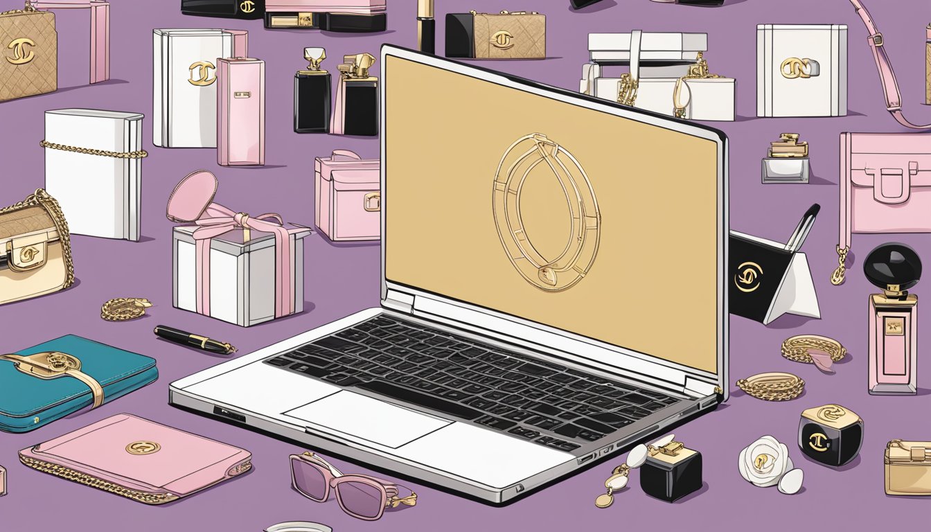 A laptop displaying Chanel's luxury collection, with a sleek and elegant handbag prominently featured on the screen