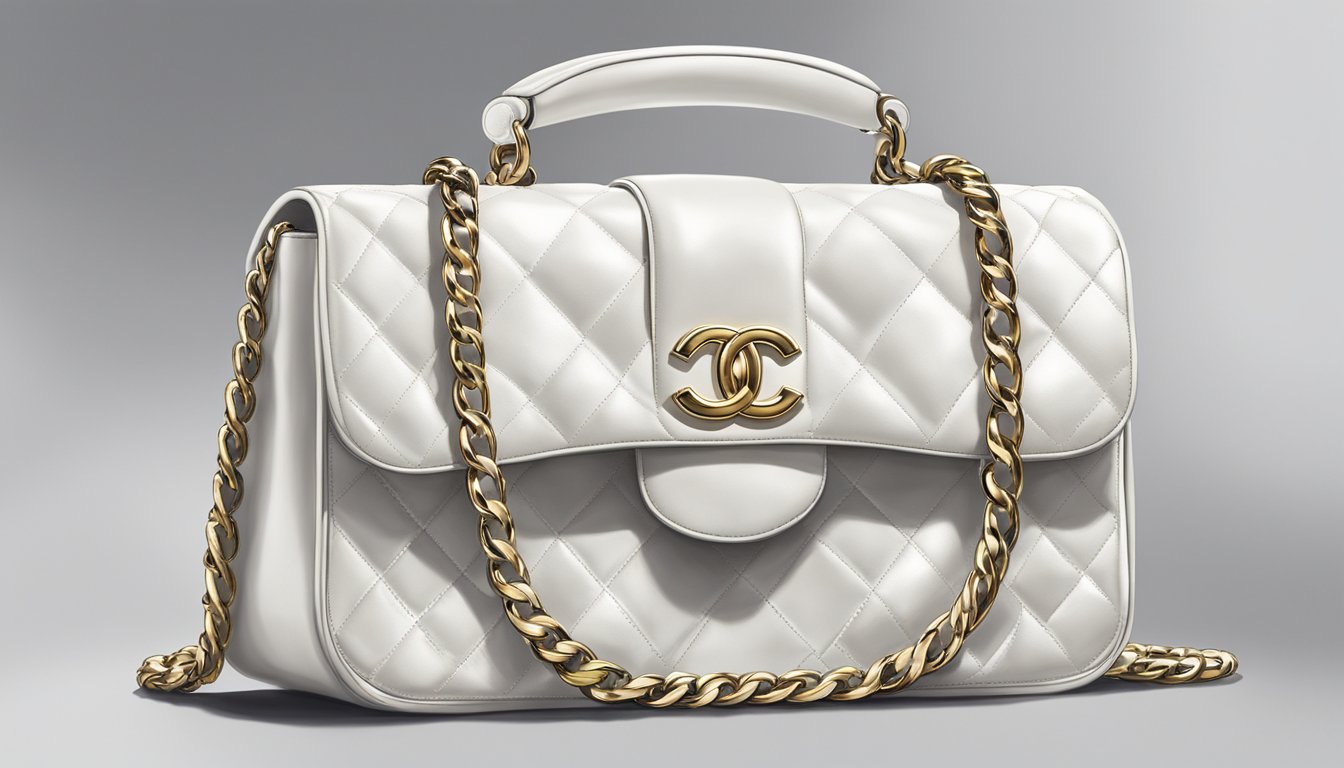 A luxurious Chanel bag sits on a pristine white table, exuding timeless elegance. The iconic interlocking C logo gleams in the soft light, inviting admiration