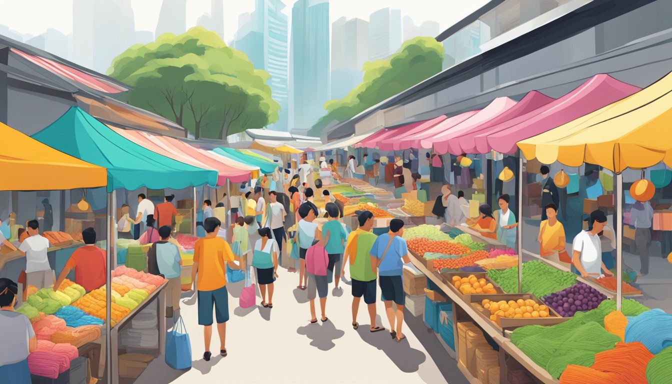 A bustling market scene with colorful towel displays and eager customers in Singapore