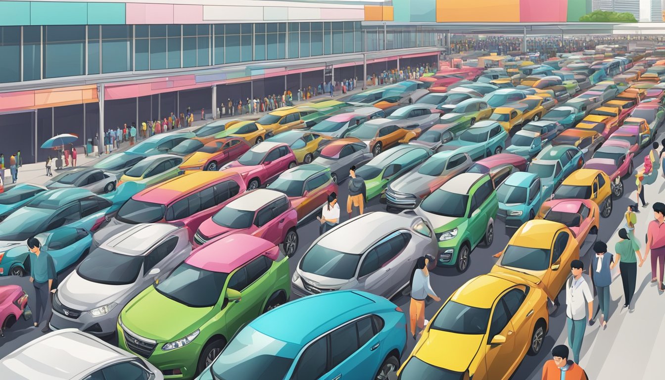A bustling car market in Singapore with rows of shiny vehicles, salespeople interacting with customers, and potential buyers browsing through the selection