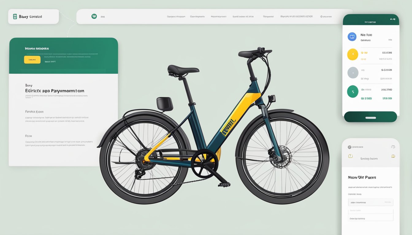 An electric bicycle displayed on a website, with a "buy now" button and online payment options