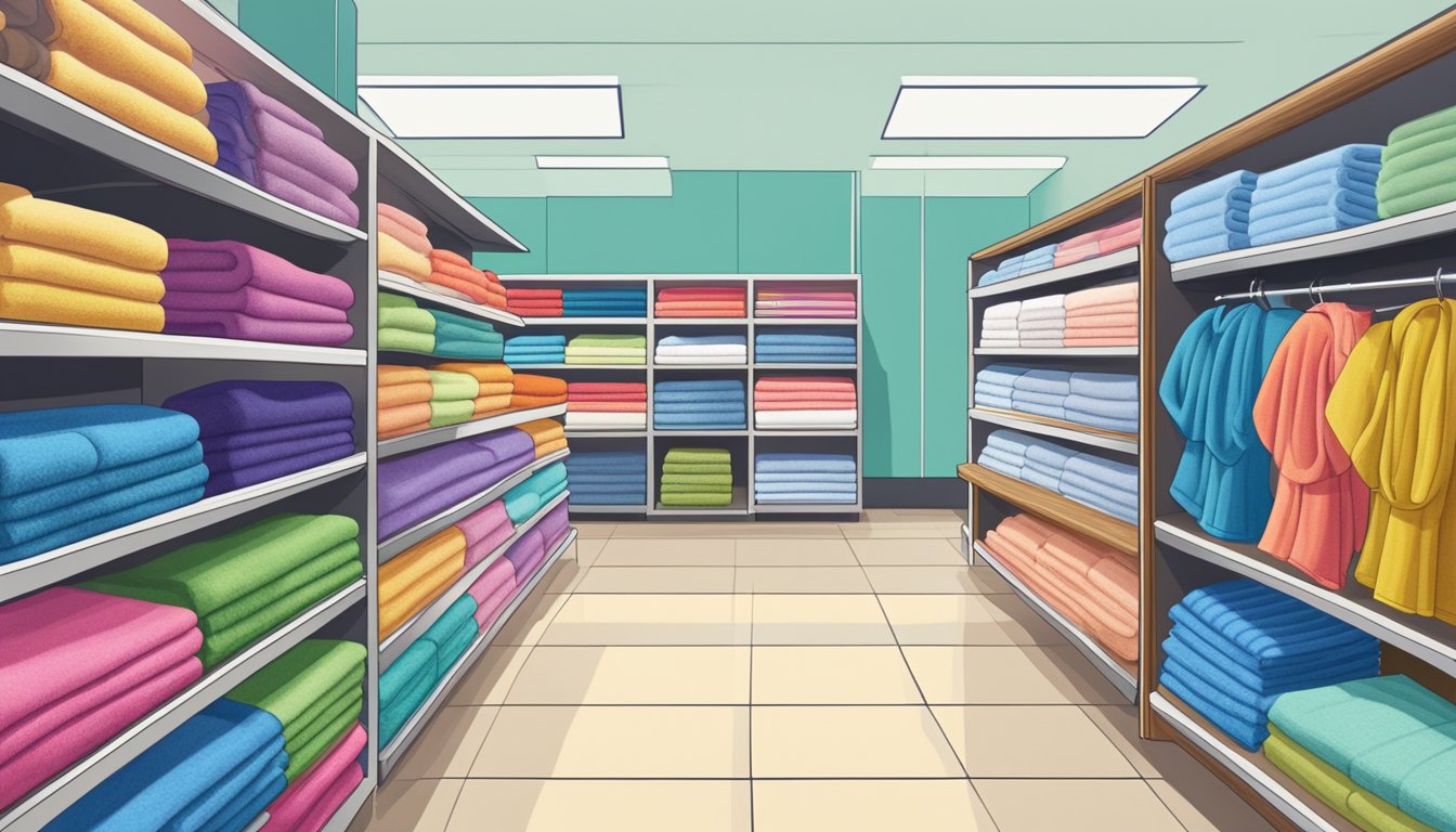 A display of colorful towels in a Singaporean store, with shelves neatly organized and a sign reading "Frequently Asked Questions: Where to Buy Towels in Singapore."