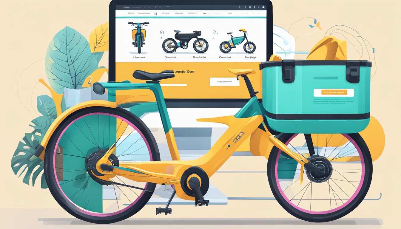 A person clicks "add to cart" for an electric bicycle on a computer screen. The website shows product details and a secure checkout button