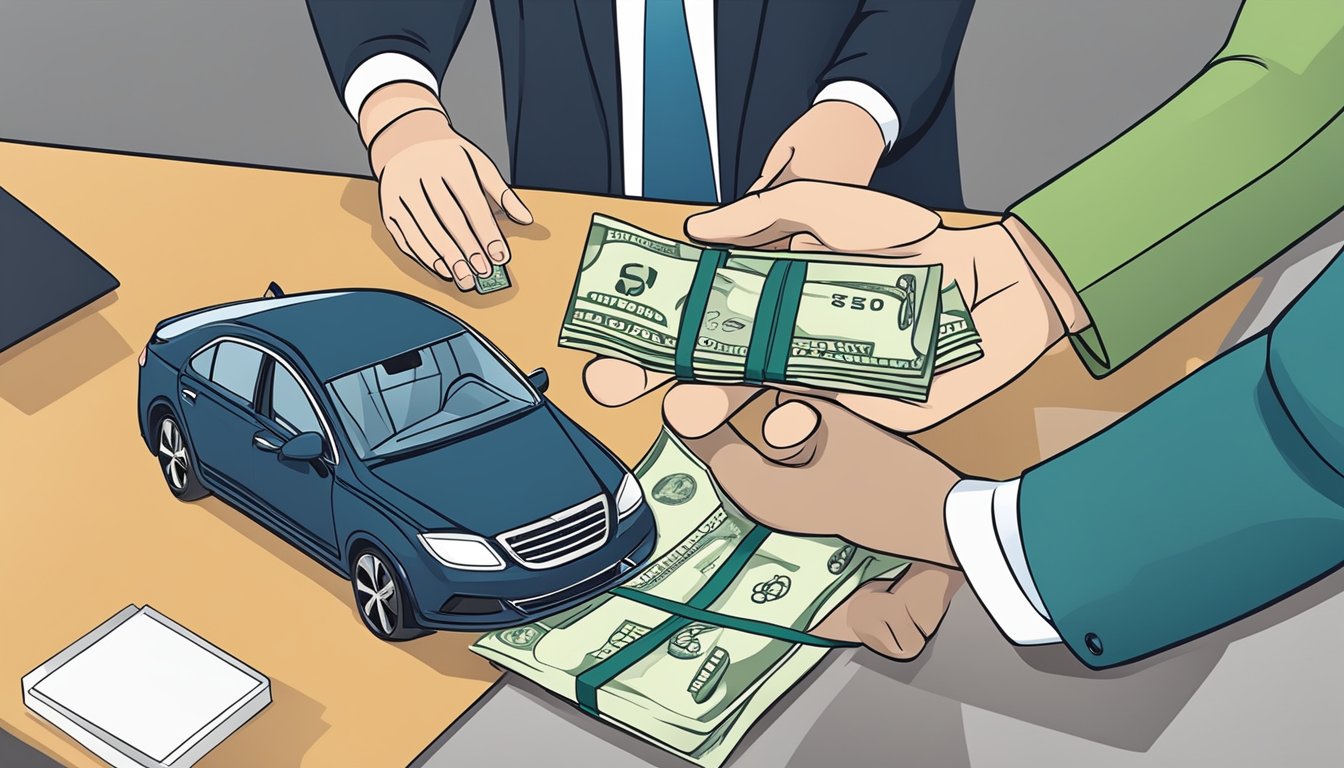 A customer hands over cash to a dealer in exchange for car keys