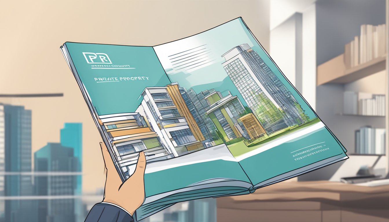 A PR holding a property brochure, reading eligibility and regulations for buying private property in Singapore