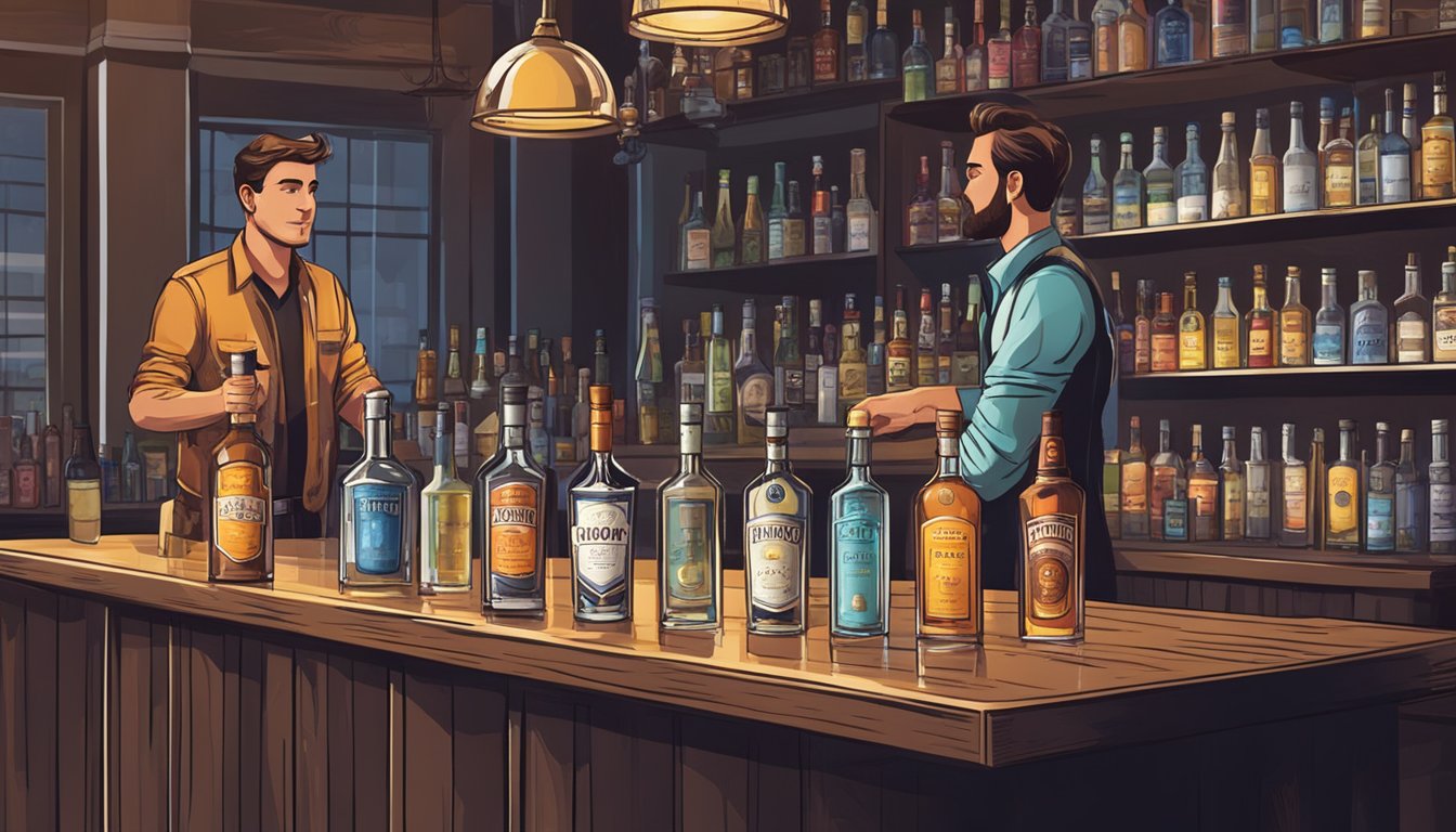 A table holds various vodka bottles with different labels. A bartender arranges them, while customers observe and discuss the choices