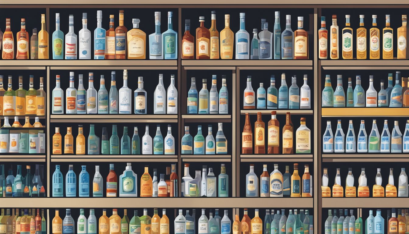 A shelf of assorted vodka bottles at a liquor store, with price tags indicating affordability
