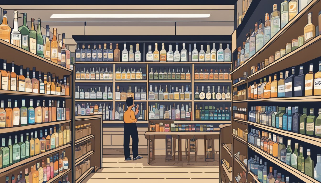 A crowded liquor store shelf displays various brands of cheap vodka in Singapore. Shoppers browse the selection, while a sign above reads "Frequently Asked Questions."