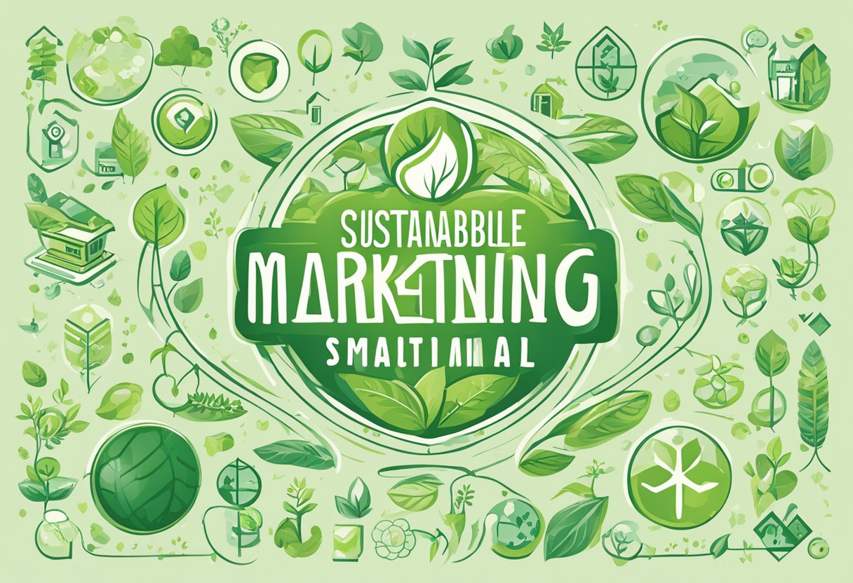 A company logo surrounded by green, eco-friendly symbols. Text reads "Sustainable Marketing" with emphasis on environmental impact