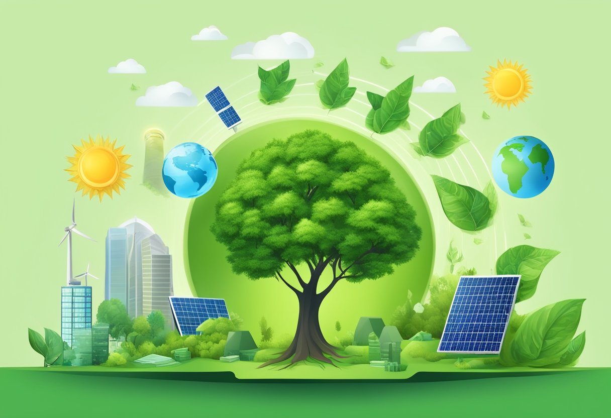 A green earth with a tree growing money leaves, surrounded by renewable energy sources and eco-friendly products