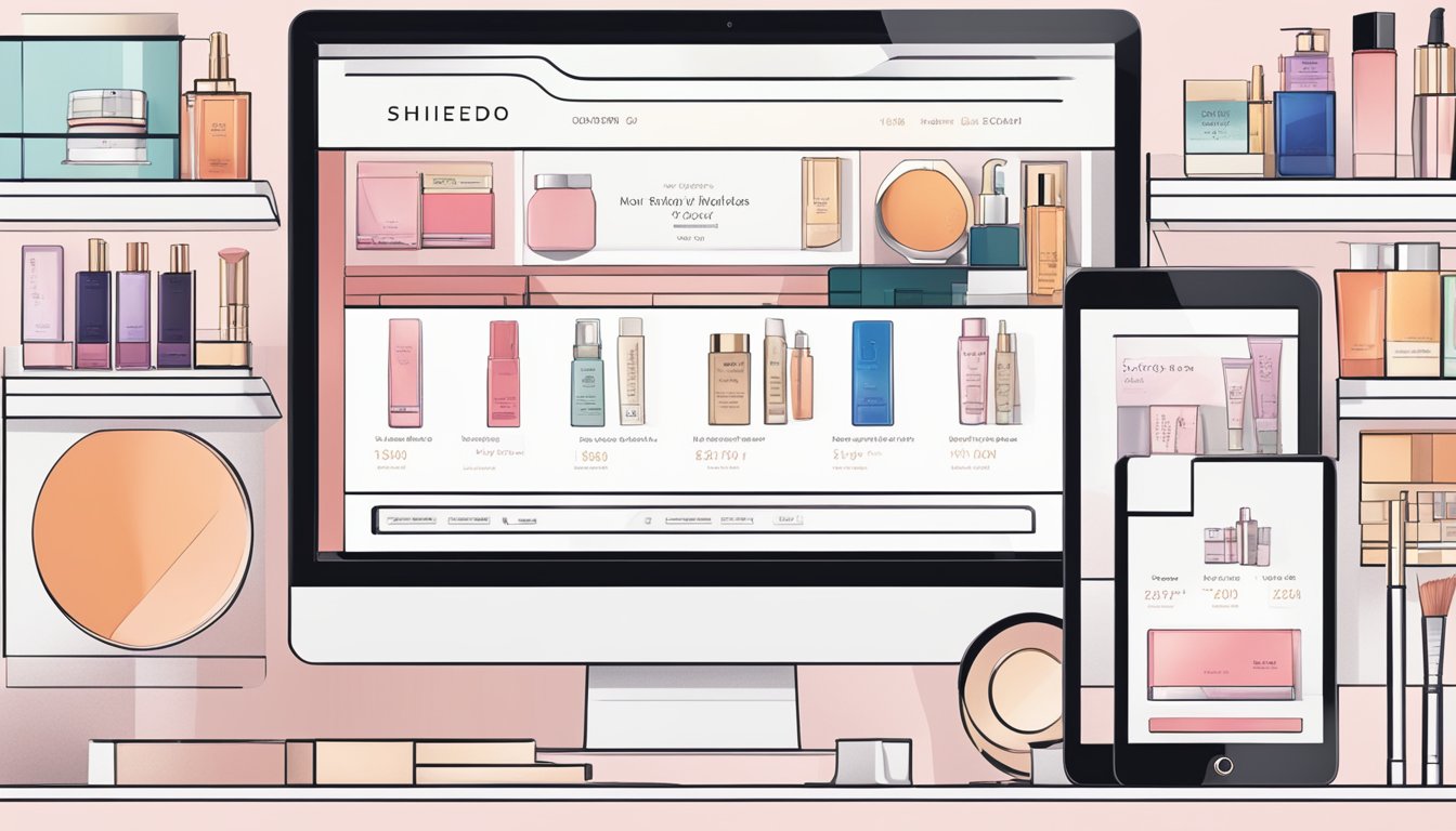 A computer screen displaying the Shiseido website with products and a "buy now" button