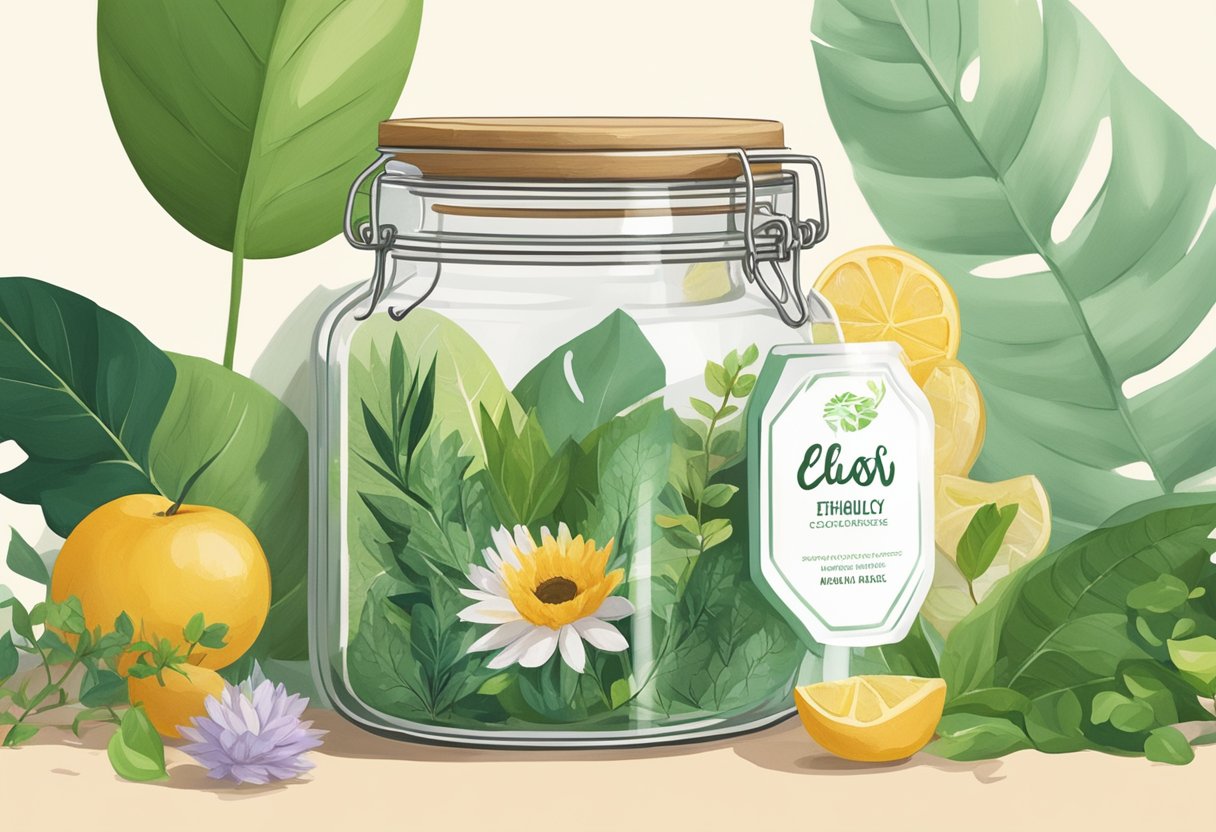 A clear glass jar filled with ethically sourced products, surrounded by eco-friendly packaging and labels. The jar sits on a background of lush greenery and clean, natural elements