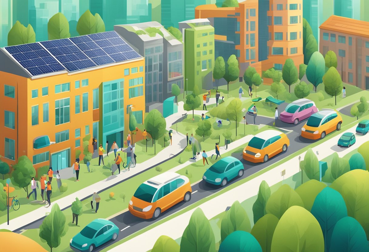 A vibrant cityscape with eco-friendly buildings, solar panels, and green spaces. People are seen using public transportation and reusable products. The scene exudes sustainability and responsible living