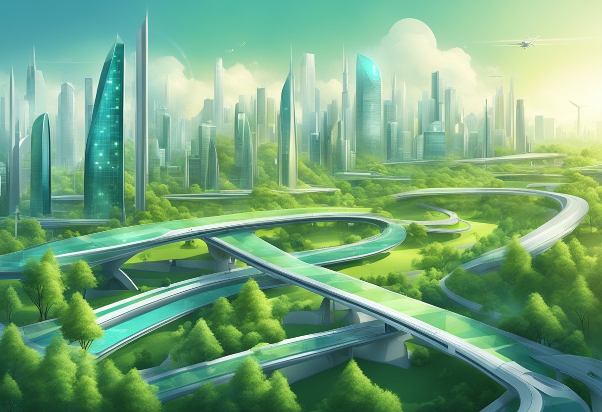 A futuristic city skyline with green technology and sustainable infrastructure. Renewable energy sources and eco-friendly transportation are prominently featured