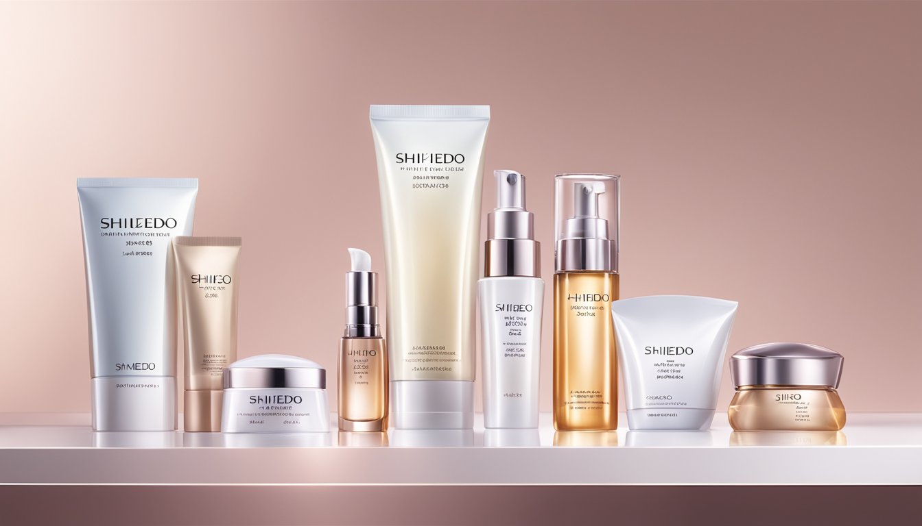 Shiseido's skincare products arranged in a sleek, modern display. Bright lighting highlights the innovative packaging and luxurious textures
