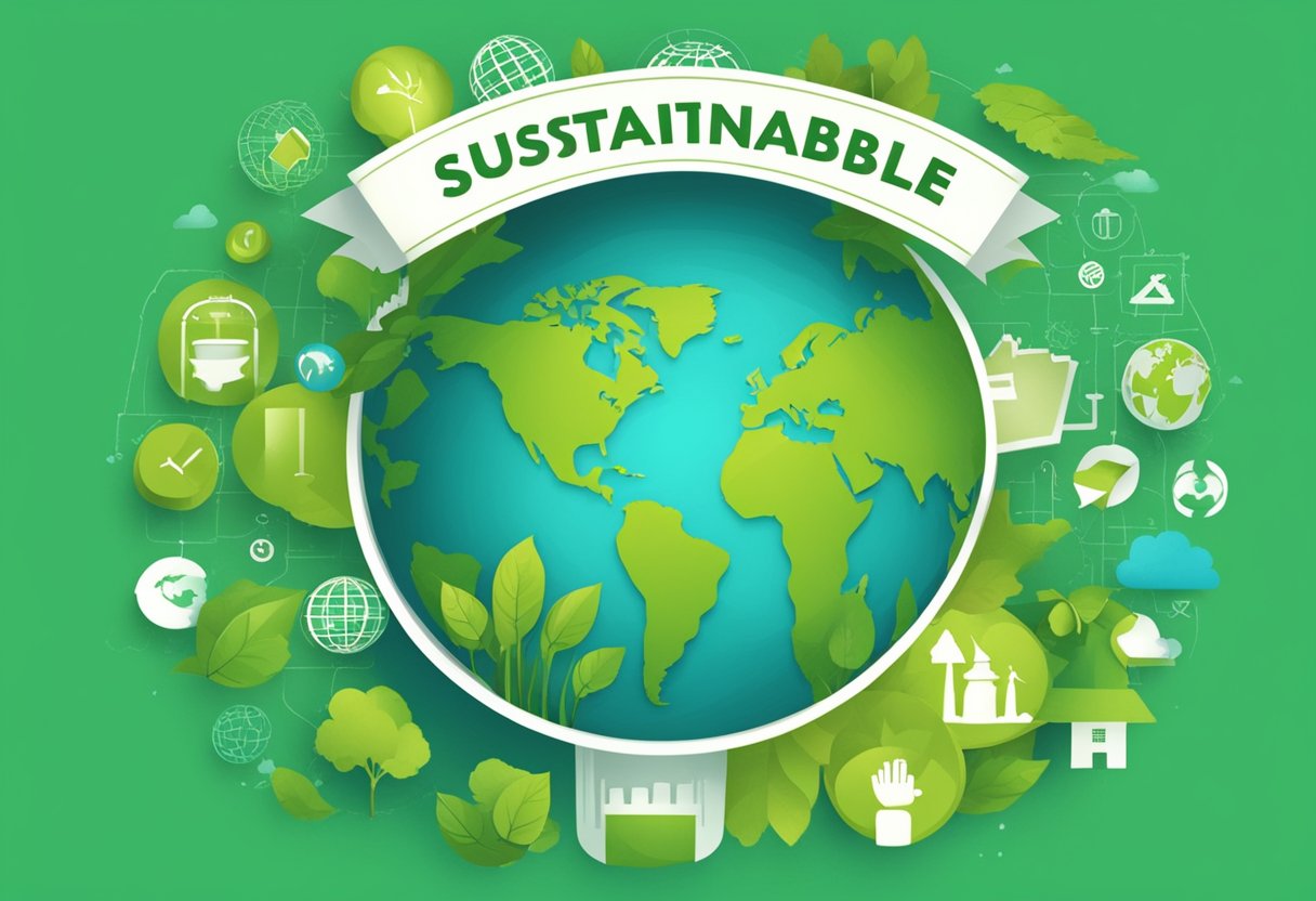 A green globe surrounded by eco-friendly symbols and a banner with "sustainable marketing" in bold letters