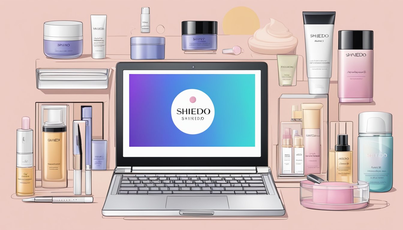 A laptop displaying the Shiseido website, with a variety of skincare products and a "Buy Now" button. An online shopping cart is visible on the screen