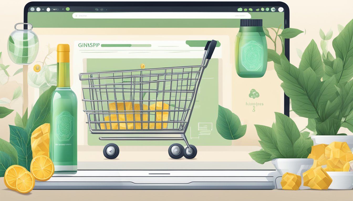 A computer screen displaying an online shopping website with a bottle of ginseng kianpi pil in the cart