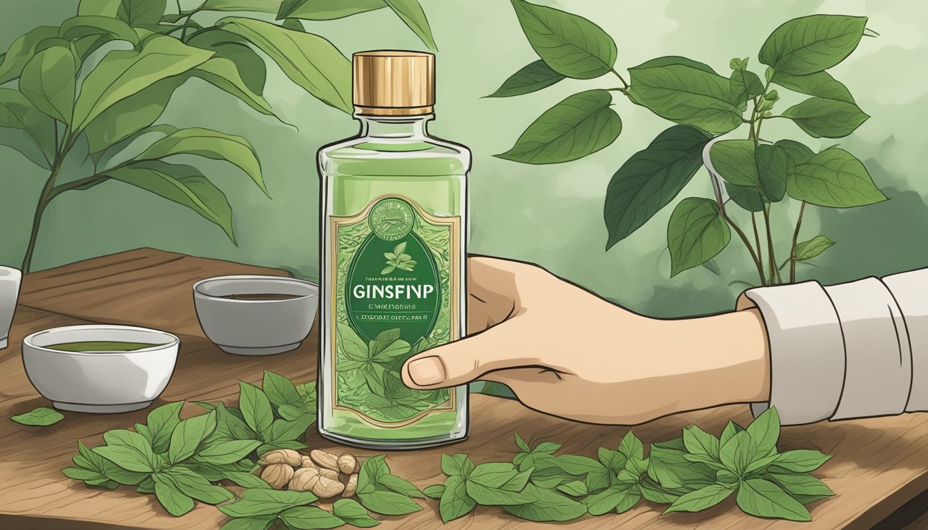 A bottle of Ginseng Kianpi Pil sits on a wooden table, surrounded by fresh ginseng roots and green tea leaves. A person's hand reaches for the bottle, ready to take a dose