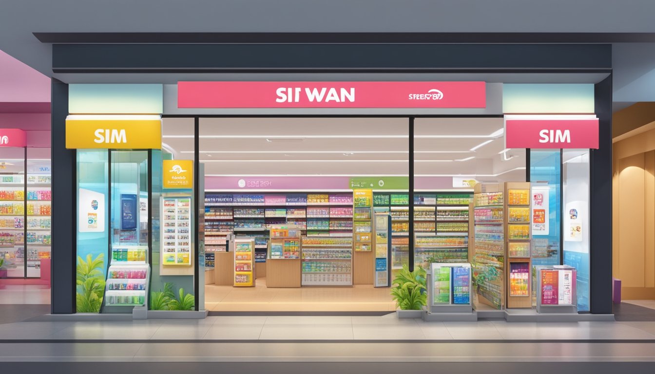 A store in Singapore sells Taiwan SIM cards. The store is bright and modern, with a display of SIM cards and a sign advertising their availability