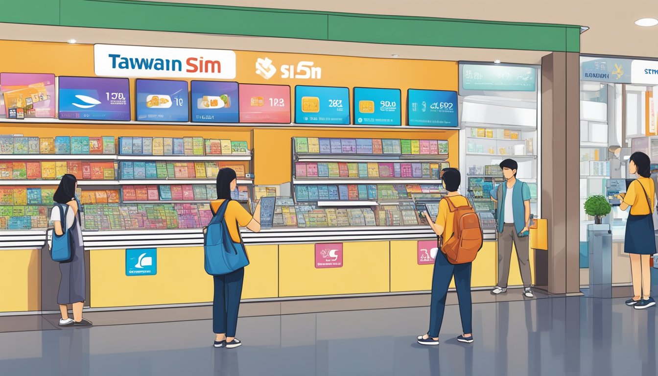Customer buying Taiwan SIM card at a Singapore store counter. Display of SIM cards and signage indicating "Taiwan SIM Cards" visible