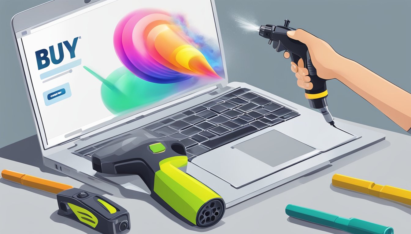 A hand clicks "buy now" on a laptop, with a spray gun displayed on the screen