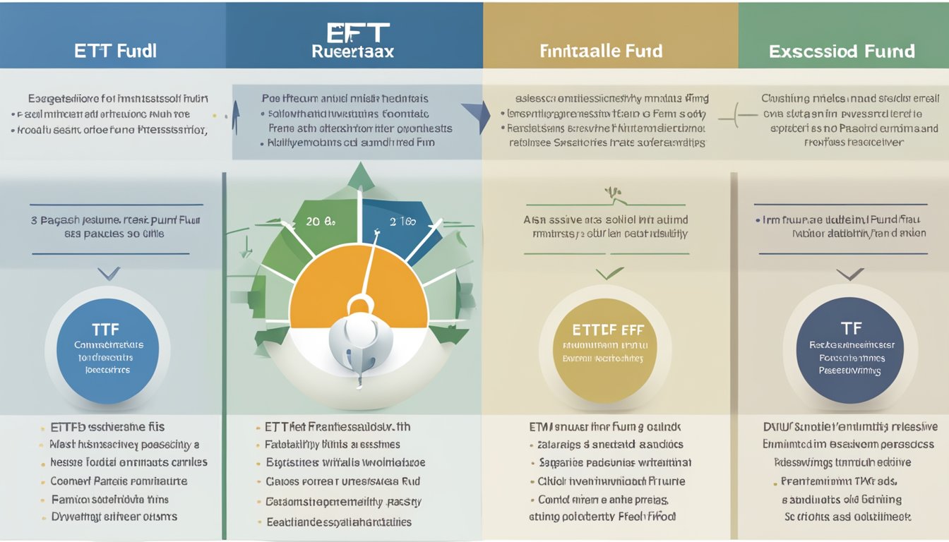An ETF, mutual fund, and index fund stand side by side, each with its own distinct features and characteristics. The ETF appears dynamic and flexible, while the mutual fund exudes stability and diversity. The index fund stands tall and solid, representing passive