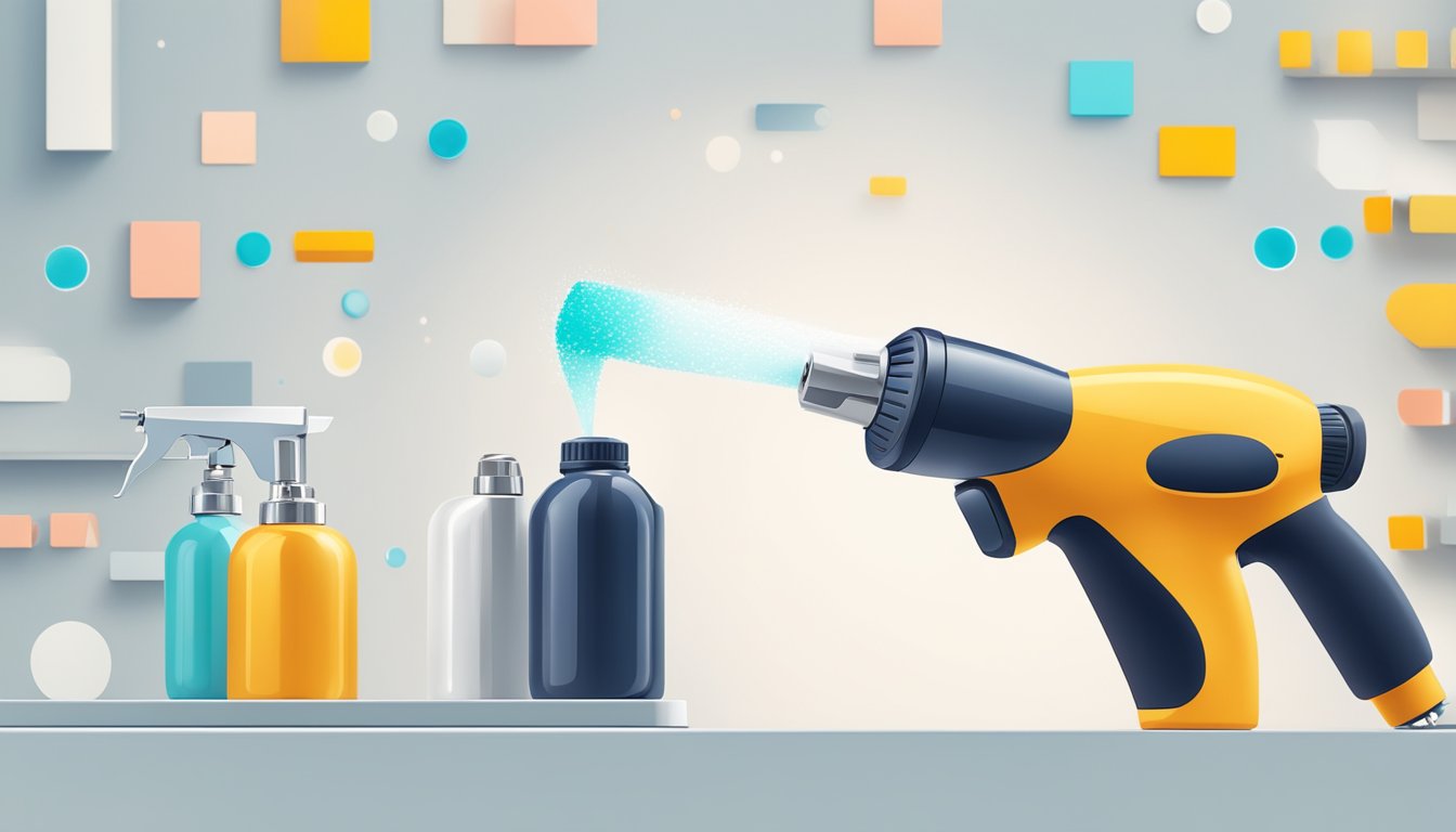 A hand reaches for a spray gun displayed on a sleek, modern online store. The background is clean and minimalistic, with the focus solely on the product