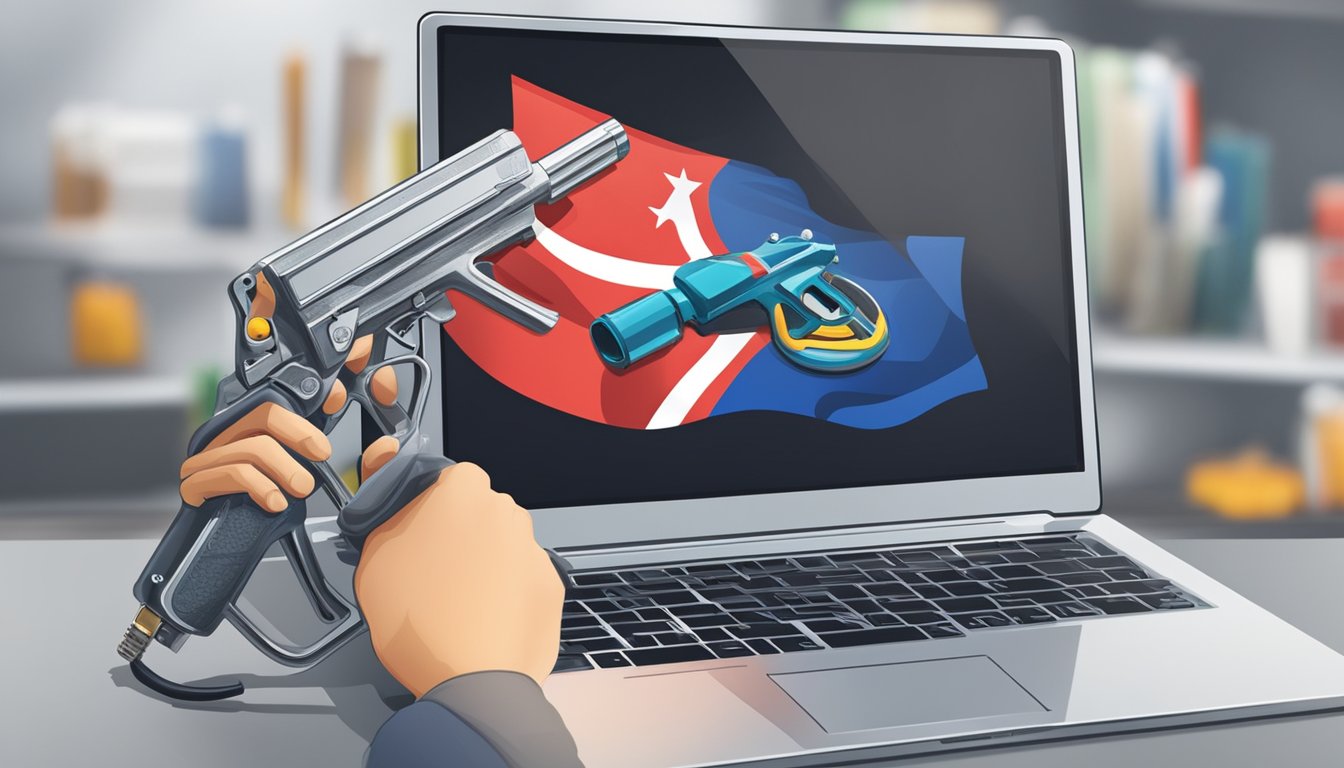 A hand clicks "add to cart" on a laptop. A spray gun and payment details are displayed on the screen. A Singaporean flag is visible in the background