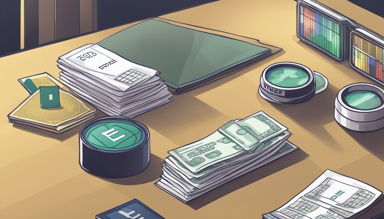 Three financial products stand side by side on a table, representing ETF, mutual fund, and index fund. Each product is labeled clearly, and a spotlight shines down on them, emphasizing their differences