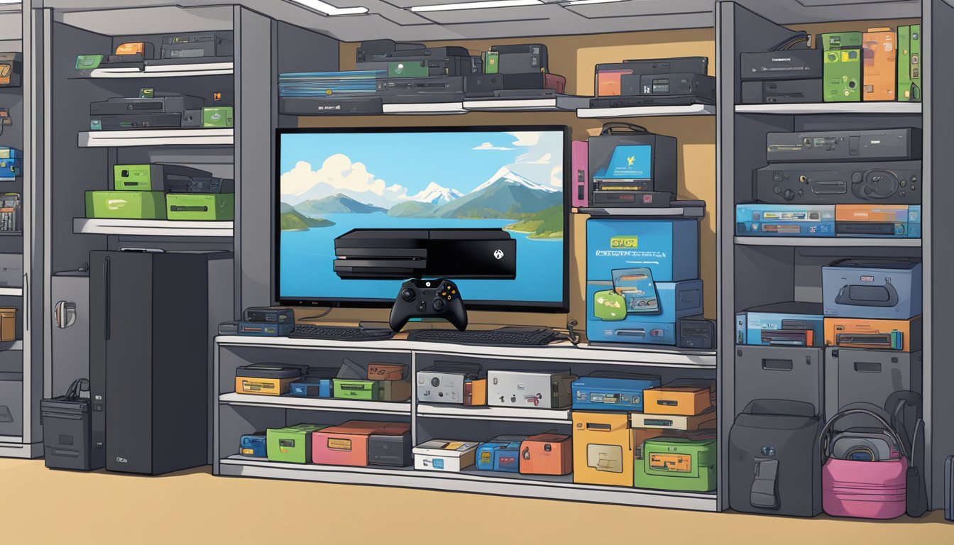 An Xbox One console sits on a shelf in a Best Buy store, surrounded by other electronics and gaming accessories