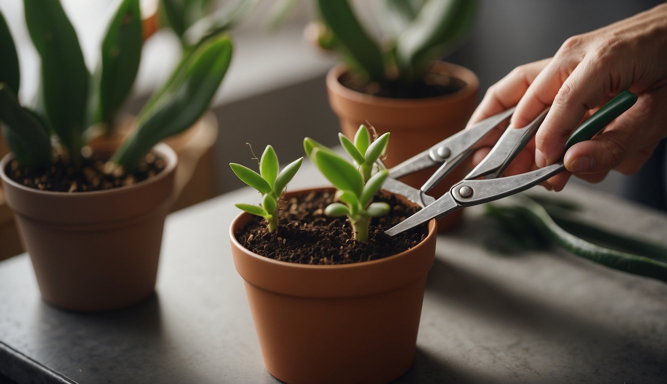 A pair of scissors snipping a healthy segment from a Christmas cactus. The cuttings are placed in a pot of moist soil, ready to propagate