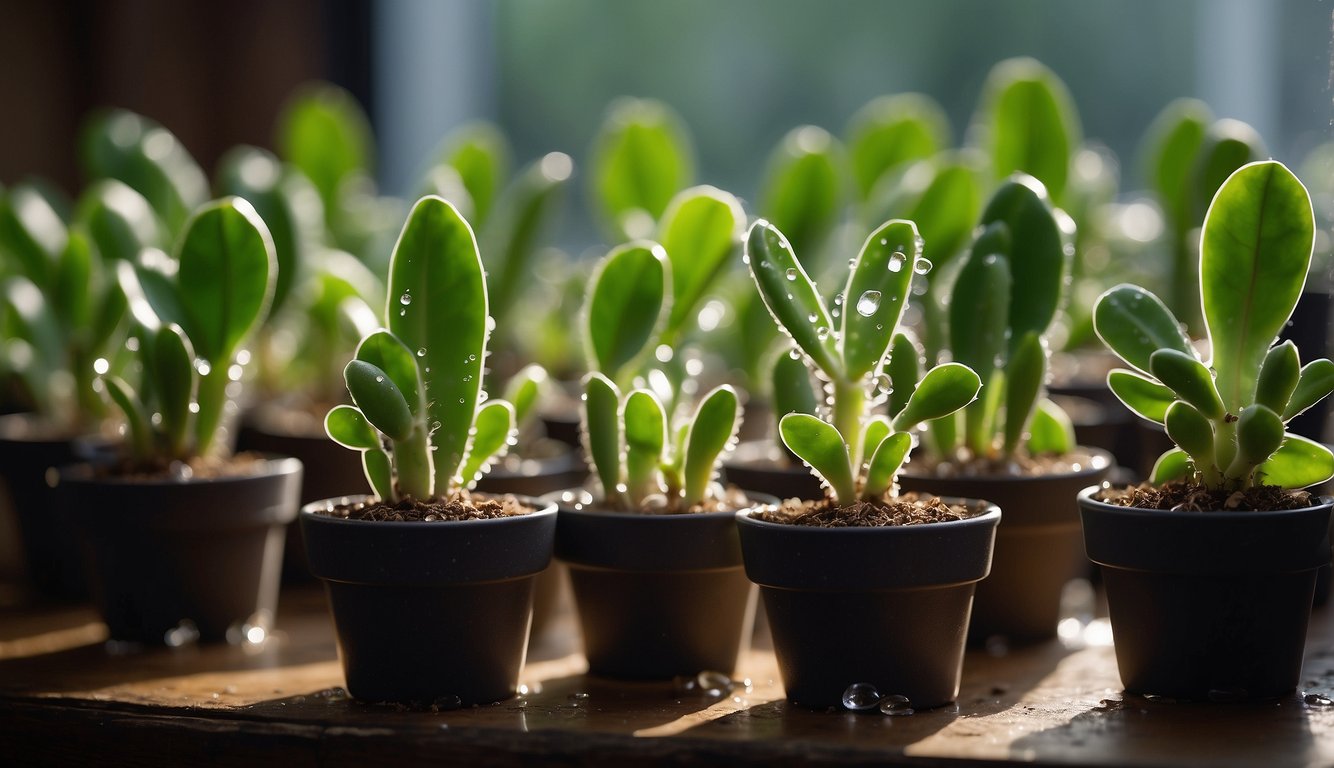 Healthy christmas cactus cuttings in small pots, placed in a bright, indirect light. Water droplets on the soil and fresh green growth emerging from the cuttings