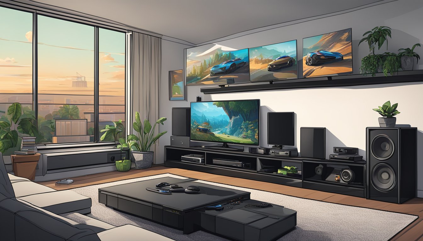 An Xbox One console sits on a sleek black entertainment center, surrounded by controllers, games, and a large flat-screen TV displaying intense gaming action