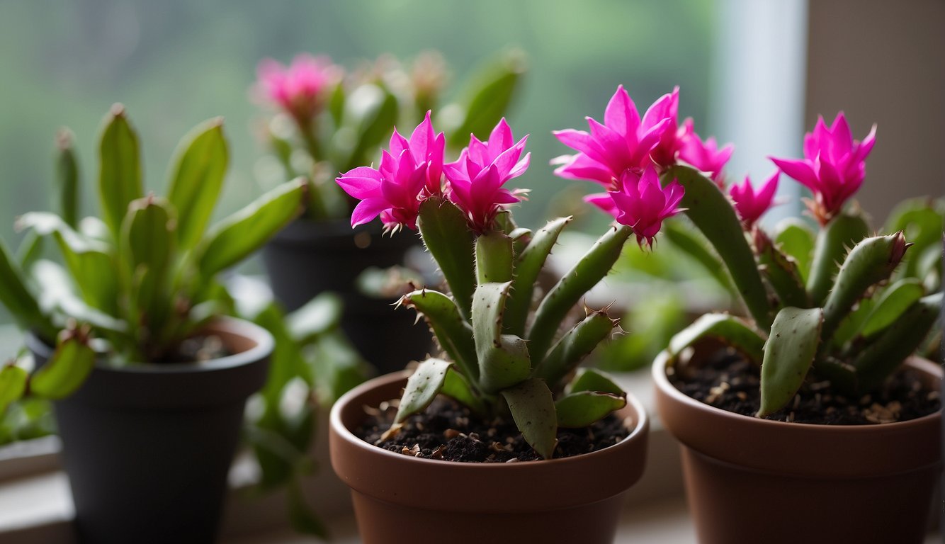 Christmas cactus cuttings surrounded by wilted leaves and moldy soil on a windowsill. A small, wilting cutting sits in a pot while another cutting appears to be thriving with healthy, vibrant green leaves