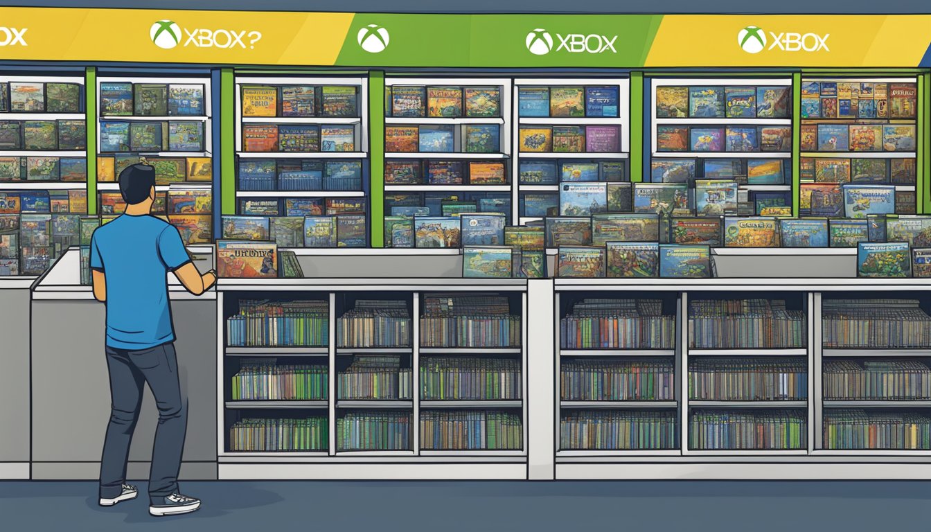 A customer browsing through a stack of Xbox One games at a Best Buy store, with a sign above that reads "Frequently Asked Questions" in bold letters