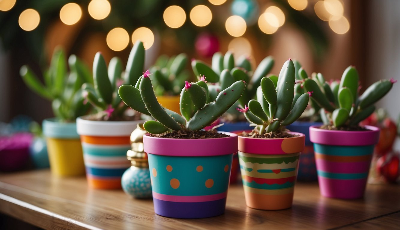 Christmas cactus cuttings arranged in colorful pots and wrapped as gifts, displayed on a table with festive decorations