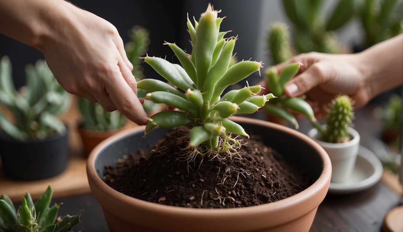 A pair of hands carefully snipping a segment from a vibrant Christmas cactus, with a pot and soil nearby for planting