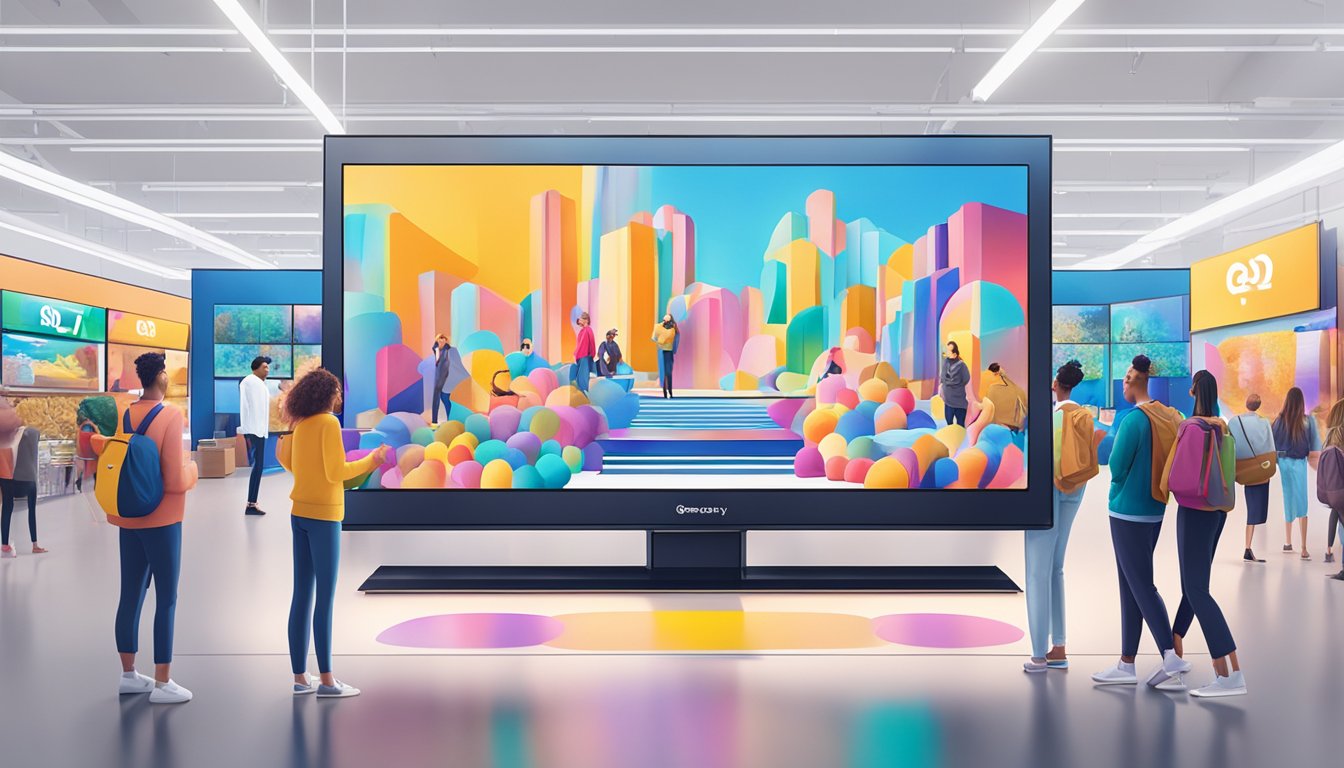 A QLED TV on display at Best Buy, surrounded by vibrant images and sleek design, with a crowd of shoppers admiring the screen