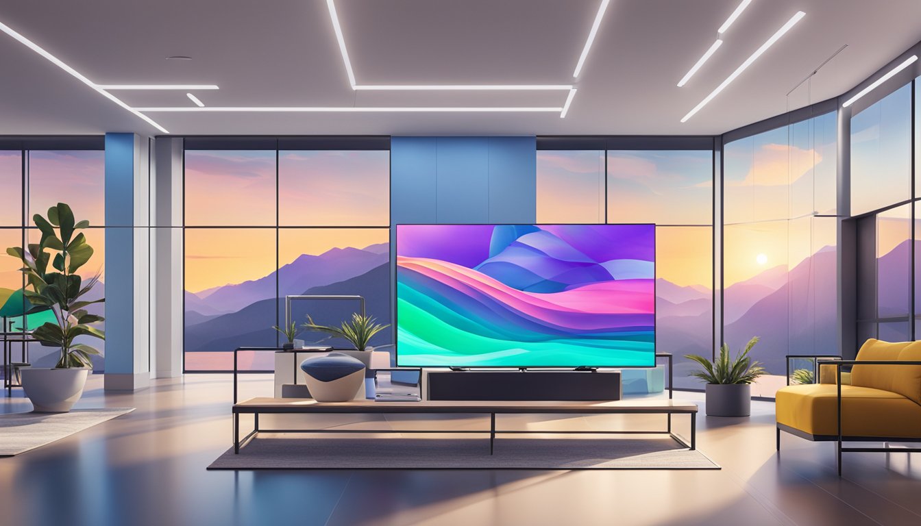 A bright showroom displays the latest QLED TVs at Best Buy, with vibrant colors and sharp details on the screens