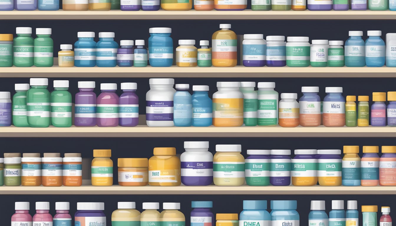 A bottle of DHEA sits on a pharmacy shelf, surrounded by other supplements. The label prominently displays "DHEA" with a description in small text