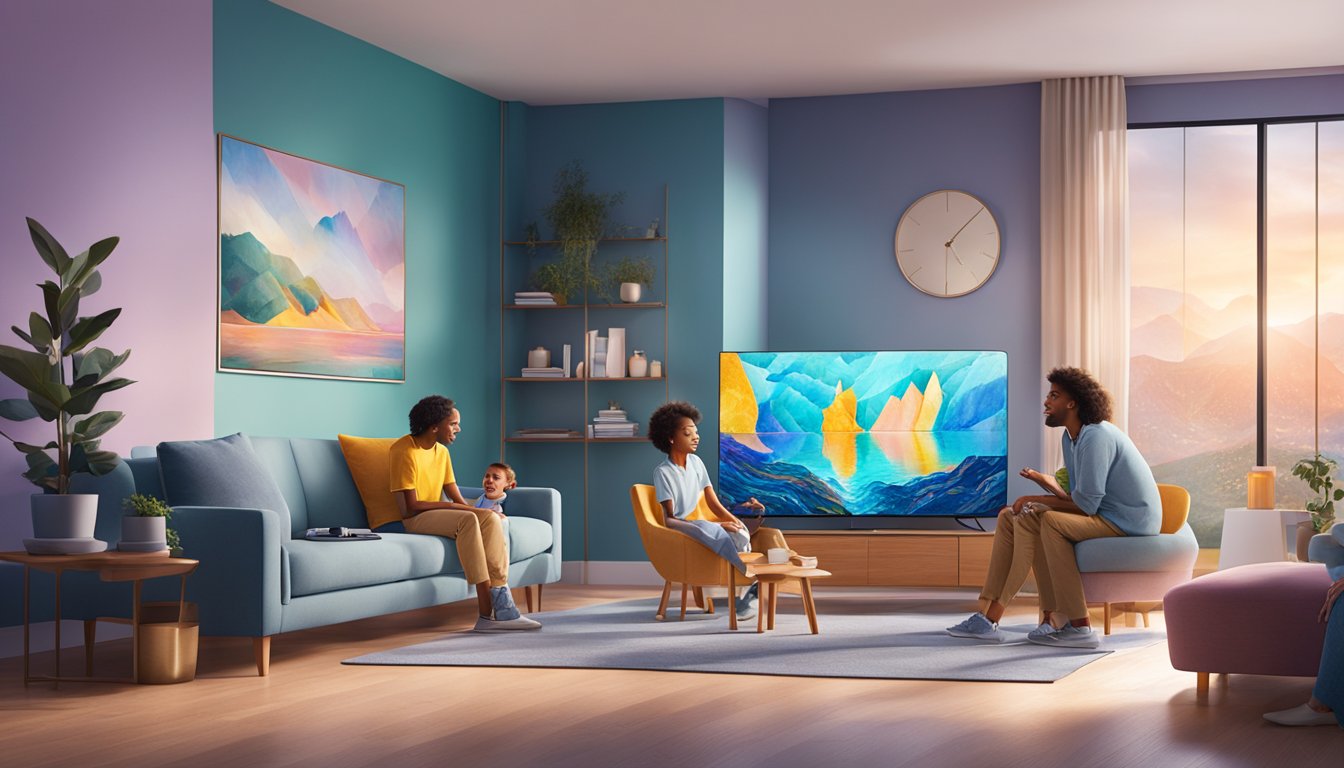 A family gathers around a QLED TV, mesmerized by its vibrant colors and crisp details, creating an immersive viewing experience