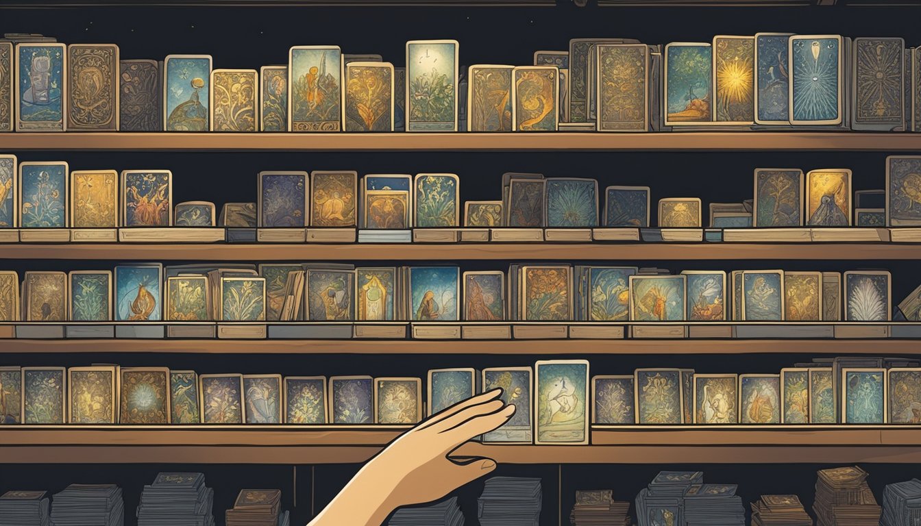 A hand reaches out to select a pack of quality tarot cards from a shelf in a dimly lit shop in Singapore. The cards are neatly arranged and displayed, catching the light and drawing the eye