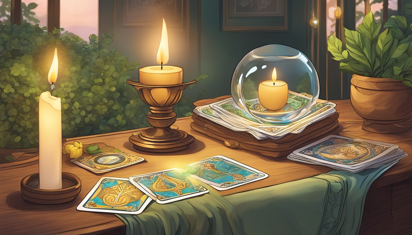 A table set with a vibrant tarot deck, a burning candle, and a crystal ball, surrounded by lush greenery and soft lighting