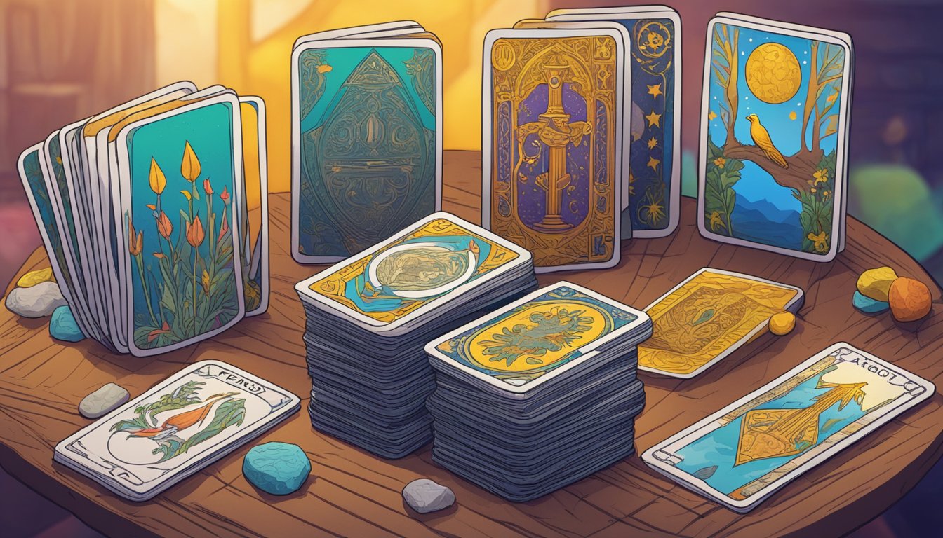 A stack of colorful tarot cards displayed on a table with a "Frequently Asked Questions" sign in the background