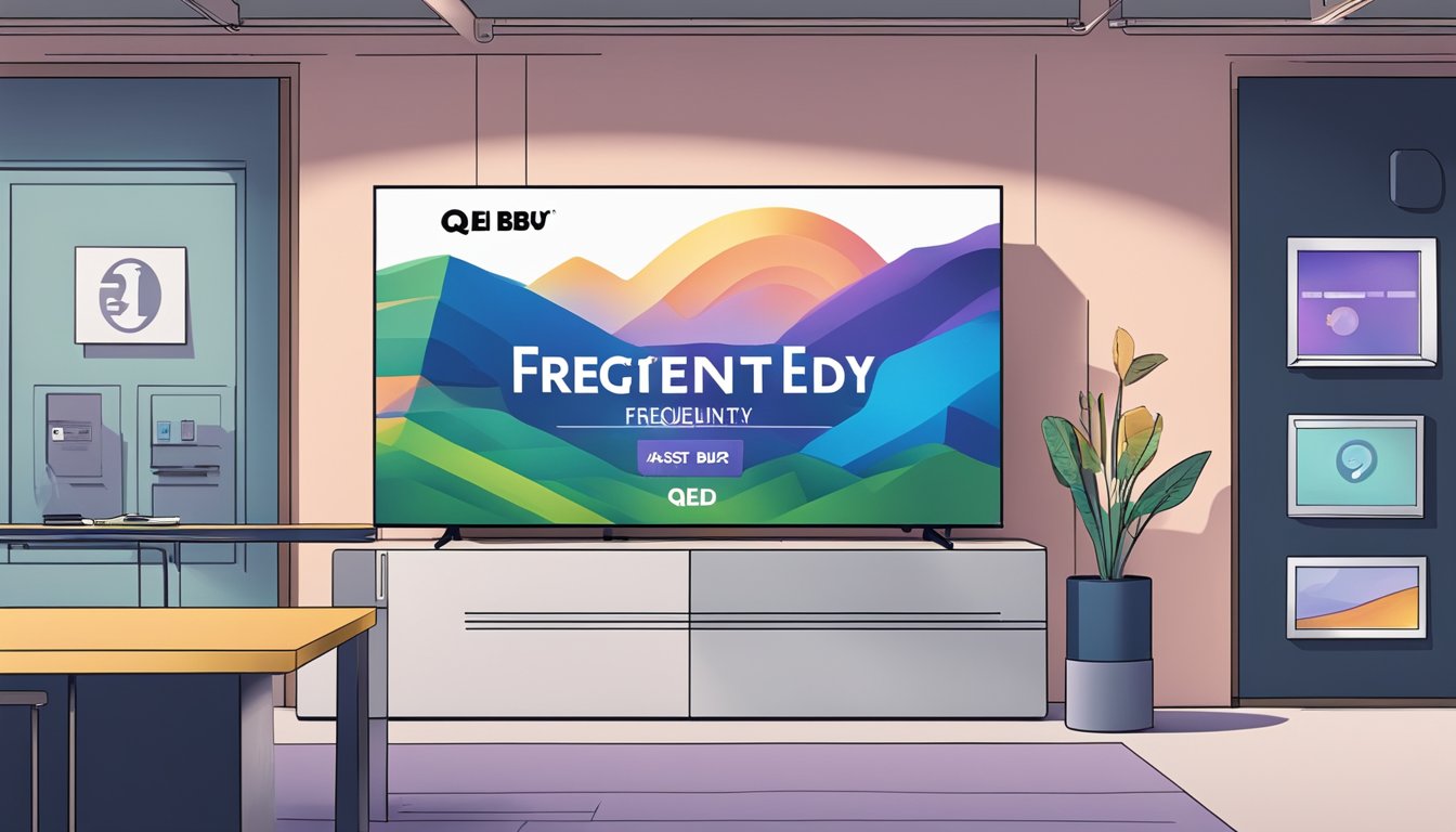 A QLED TV displayed in a Best Buy store with a "Frequently Asked Questions" sign next to it