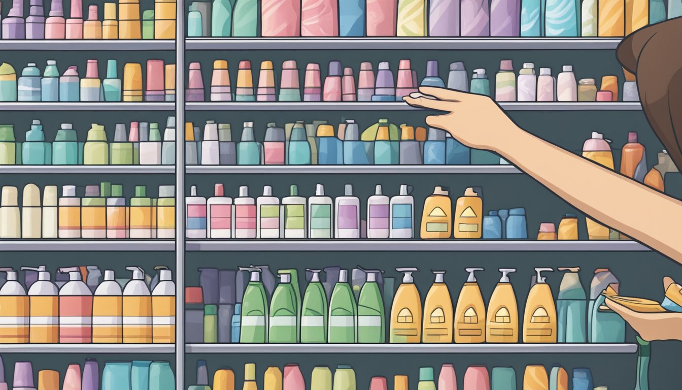 A hand reaching for a bottle of dry shampoo on a shelf in a Singaporean store