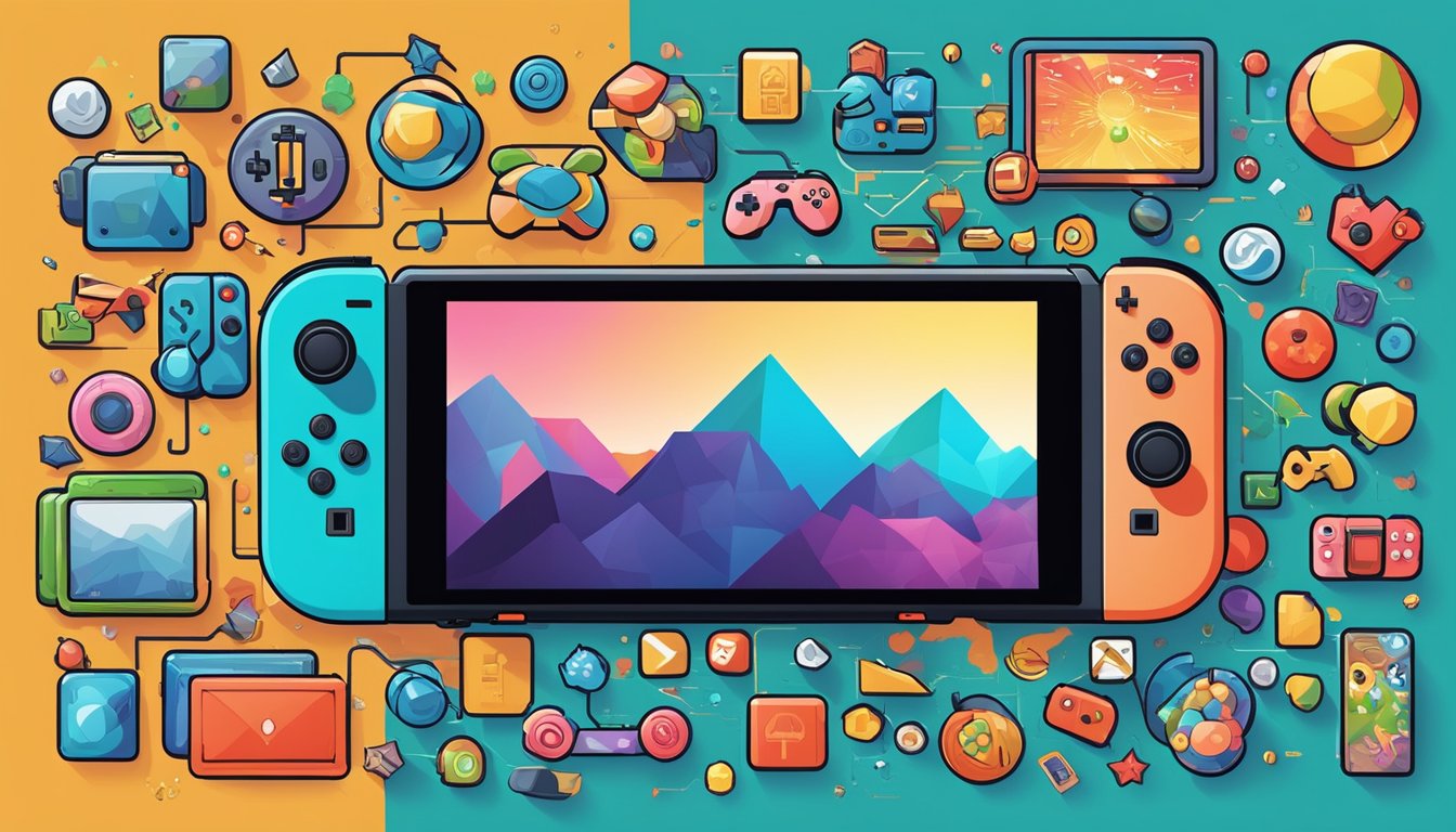 Nintendo Switch console surrounded by various online gaming icons and symbols, with a vibrant and dynamic background